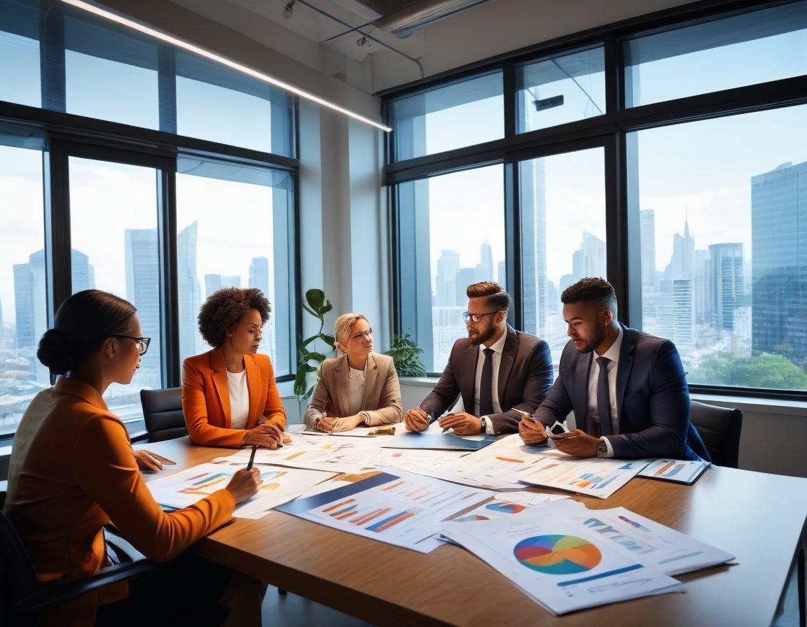 A professional setting featuring a diverse group of insurance brokers and agents engaged in a discussion around a large table covered with documents and digital devices. Incorporate visual elements like charts, graphs, and insurance policy icons to symbolize insights and data analysis. The background should depict a modern office space with large windows, allowing natural light to filter in, hinting at transparency and trust. The mood should be collaborative and insightful. vibrant colors. super-realistic.
