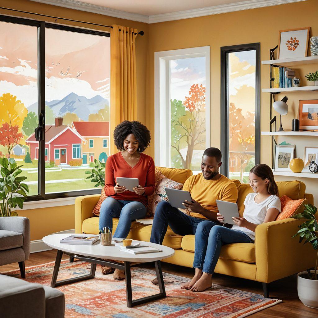 A split-screen illustration depicting both a secure home and a financial graph showing rising insurance rates. The left side features a happy family in a cozy living room, showcasing stability and comfort, while the right side displays a confident individual analyzing insurance plans with charts in vibrant colors. Bright, optimistic lighting is used to enhance the feeling of security and prosperity. vector art. vibrant colors.