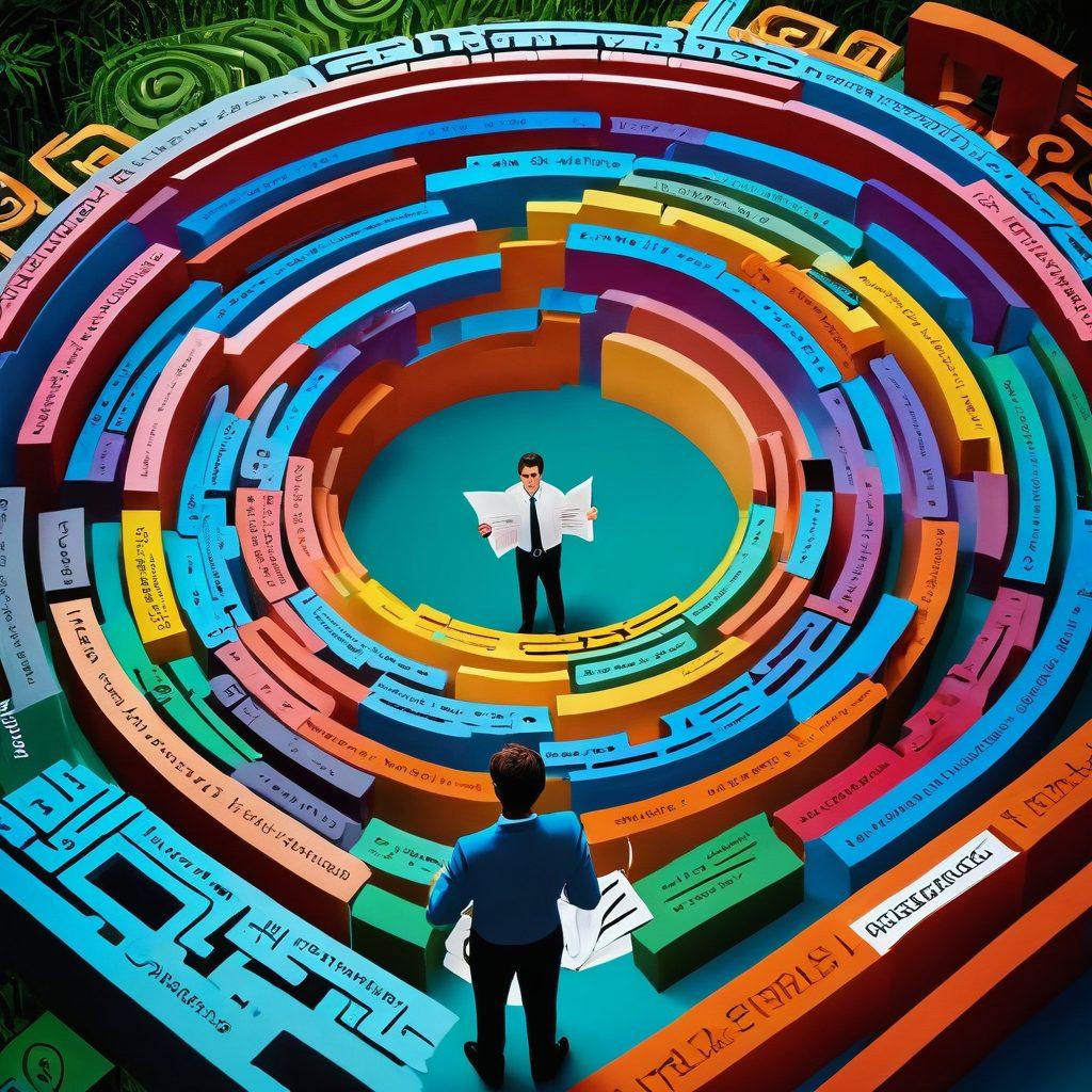 A whimsical maze made of insurance paperwork and policy documents, with a character holding a magnifying glass searching for essential tips. In the background, there are guiding signs with words like 'Tips' and 'Resources'. The scene is vibrant and engaging, showing a blend of complexity and clarity. The atmosphere is hopeful and encouraging, symbolizing financial security at the end of the maze. colorful illustration. flat design.